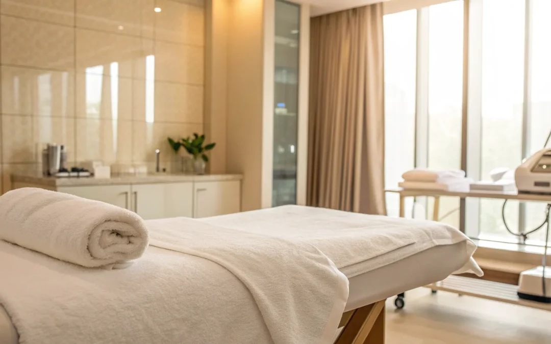 CoolSculpting room where the cost for a 1-month stomach treatment plan is discussed.