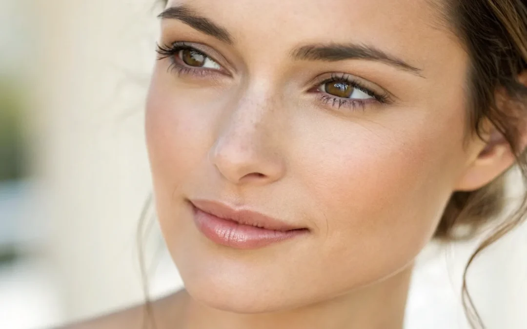 A woman's face with a natural nose shape, a final result from before and after rhinoplasty images.