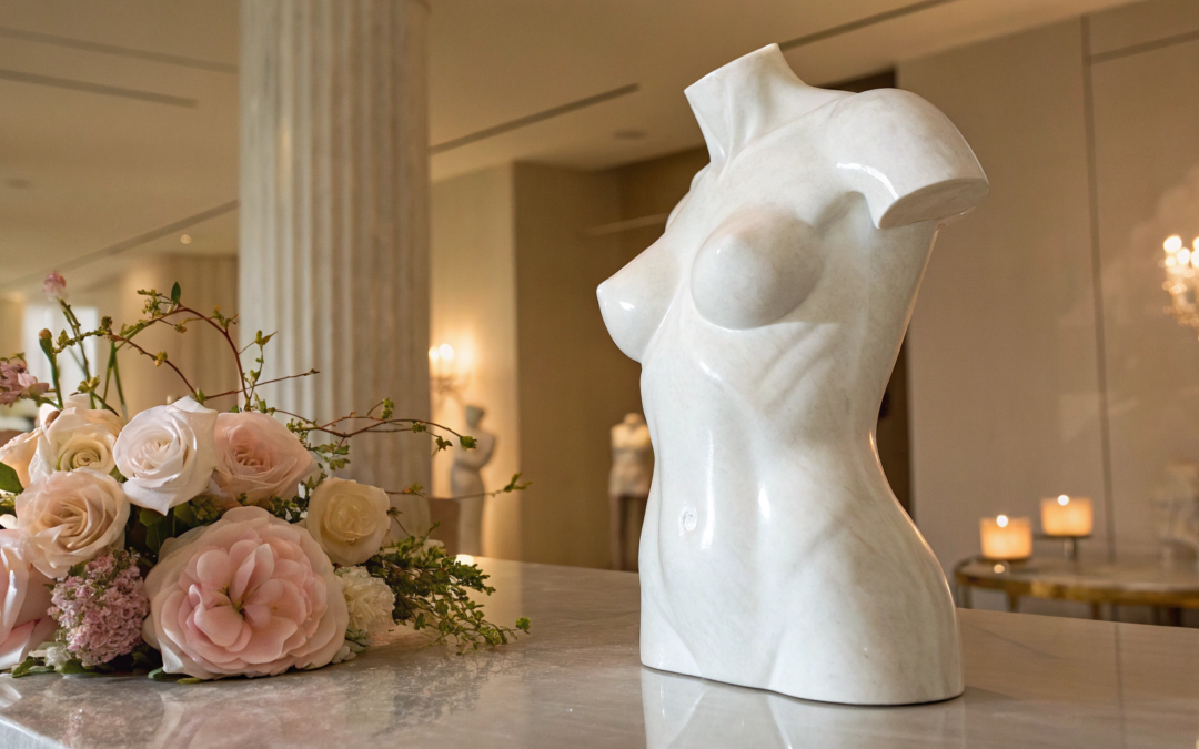 A sculpted female torso showing the natural contours from breast augmentation with fat transfer.