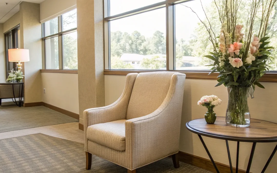 A clean and welcoming waiting area in a modern cosmetic surgery center.