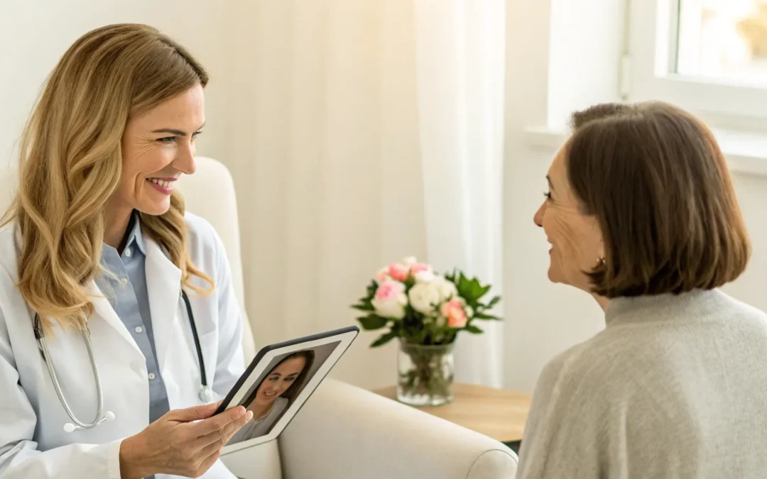 The best doctor for facial fillers consulting with a patient about her treatment options.