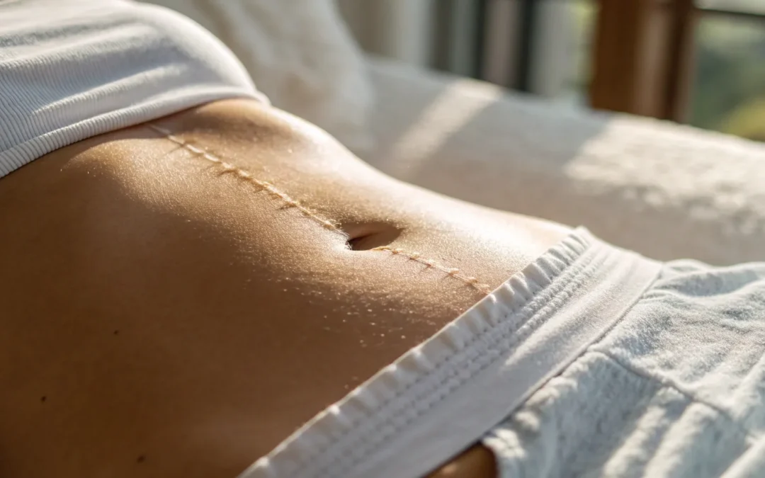 A faded surgical scar on the abdomen after a scar revision.
